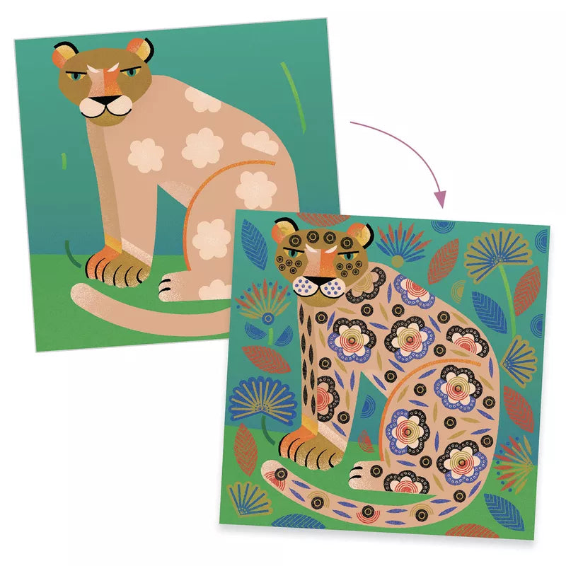 A collage of pictures from Djeco Clear Stamps Patterns and animals of a leopard and a panther.