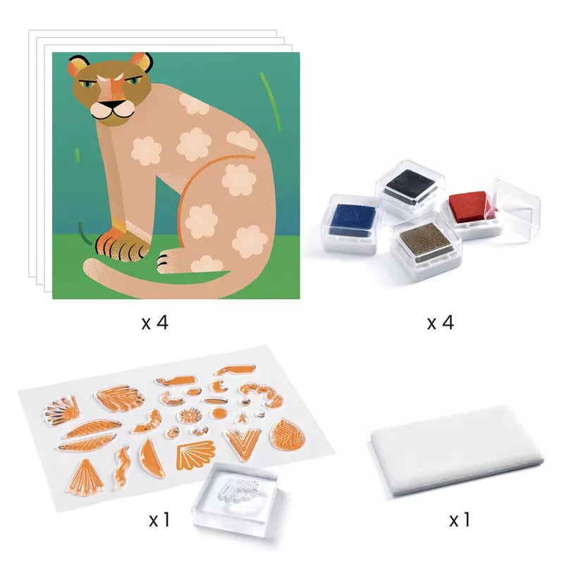 A set of Djeco Clear Stamps Patterns and animals, a stamp pad, and a picture of a tiger.