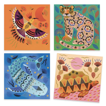 A collage of four Djeco Clear Stamps Patterns and animals.