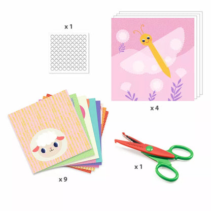 A collection of crafting supplies including Djeco Create with Paper Crinkle cutting and paper.