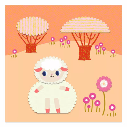 A Djeco Create with Paper Crinkle cutting of a sheep in a field of flowers.