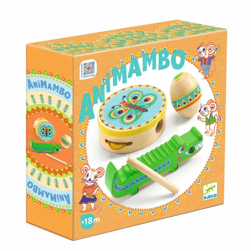 A box with the Djeco Animambo Set of Percussions: Tambourine, Maracas, Guiro in it.