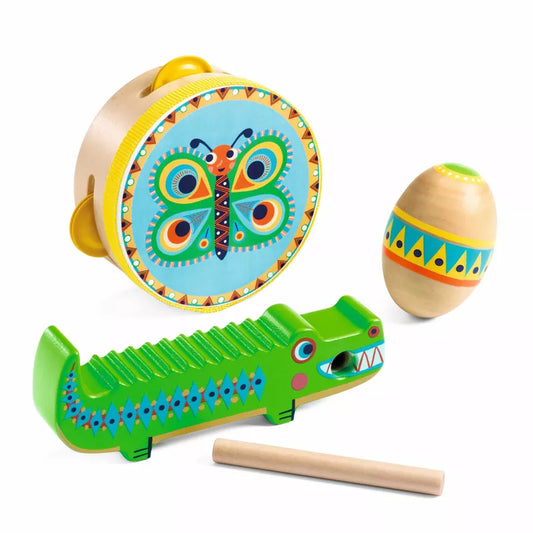 A Djeco Animambo set of percussions with a tambourine, maracas, and guiro.