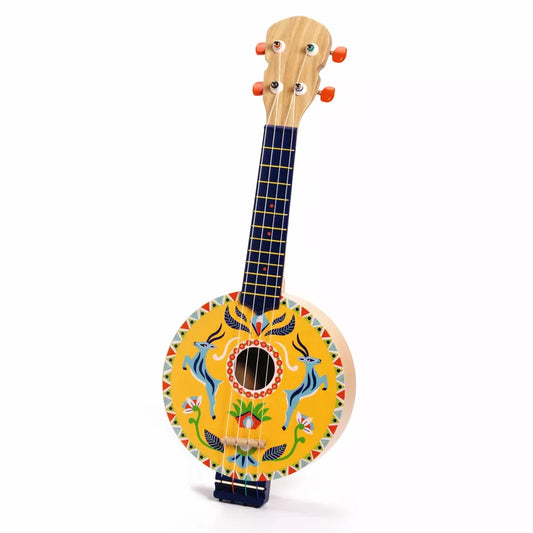 A Djeco Animambo Banjo with a floral design on it.