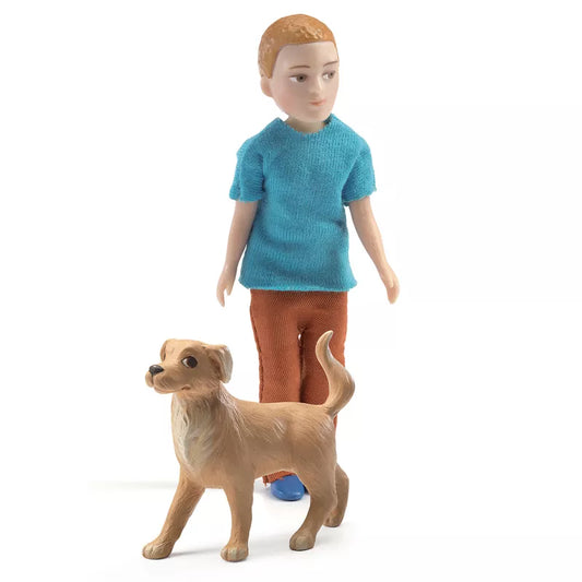 A Djeco Dolls Xavier and a dog on a white background.