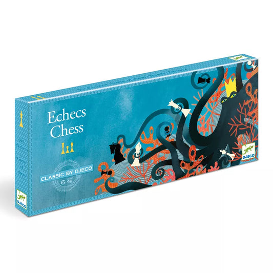 Djeco Classic Games Chess - a box with an illustration of an octopus and an octopus. This Djeco Toy features a seabed-themed board for playing chess.