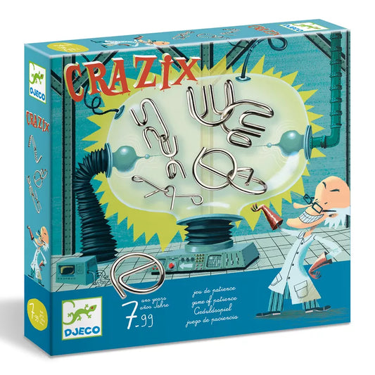 A metal brainteaser game box with the product name Djeco Game Crazix on it, by Djeco Toy.