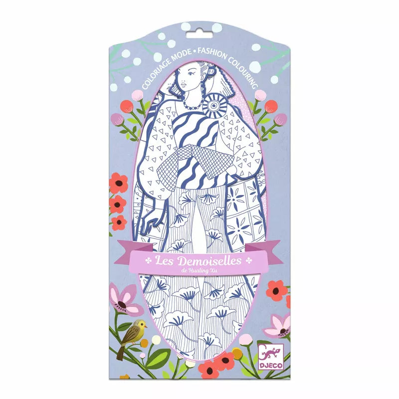 A Djeco Large size colouring Laura & friends package with colouring sheets featuring a drawing of a woman in a dress, including metallic areas.