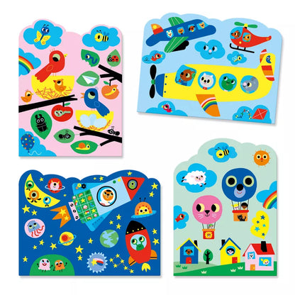 A set of three Djeco Colouring Hidden in the Sky children's placemats with different designs.