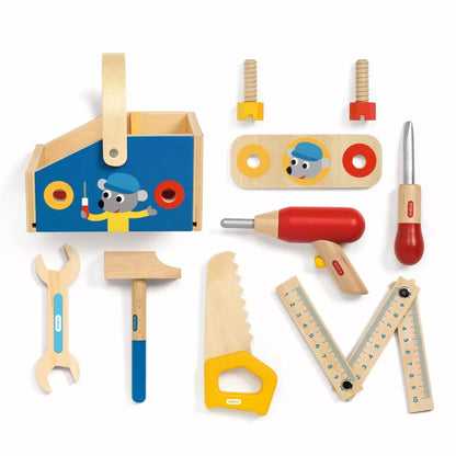 A Djeco Minibrico wooden toolbox set with a variety of tools.