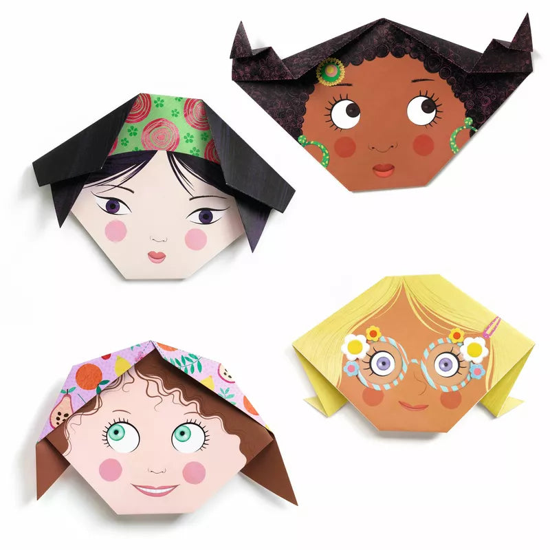 A group of Djeco Origami Pretty Faces decorated with stickers.