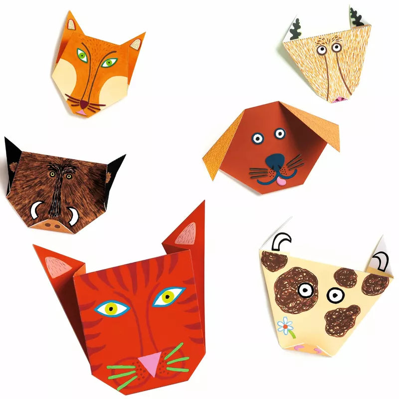 A selection of Djeco Origami Animals adorned with cute stickers on their faces.