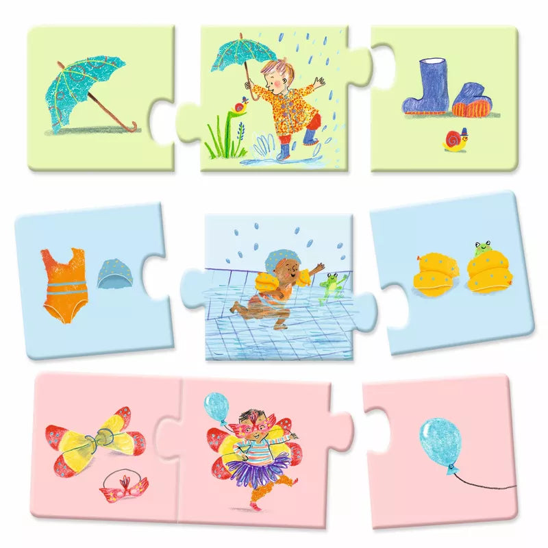 A set of Djeco Trio Puzzle My daily life jigsaw puzzles with different pictures.