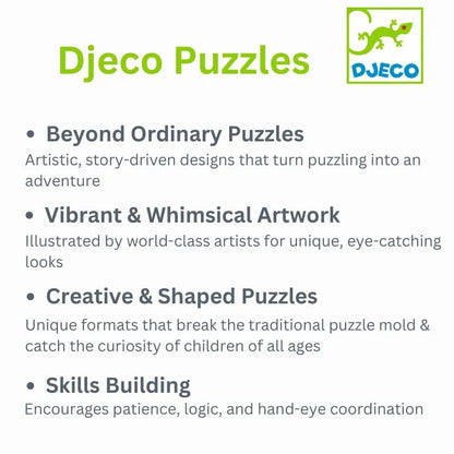 An infographic for Djeco Puzz’art Bird—500 pcs spotlights its artistic, story-inspired design, vibrant whimsical artwork, creative bird-shaped jigsaw pieces, and skills-building benefits like patience and coordination. Djeco logo included.