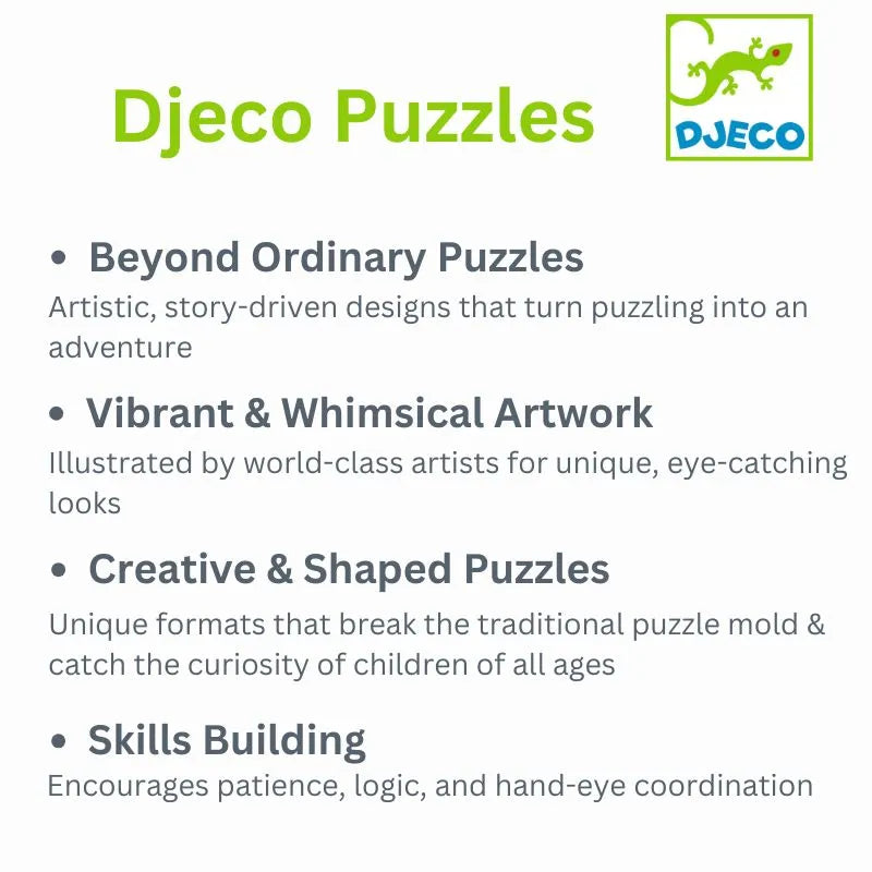 The Djeco Puzz’art Panther 150 Pcs info sheet highlights artistic, story-driven designs, vibrant artwork, creative shaped cut-out pieces, and skills like patience and logic, with a green lizard logo at the top right.