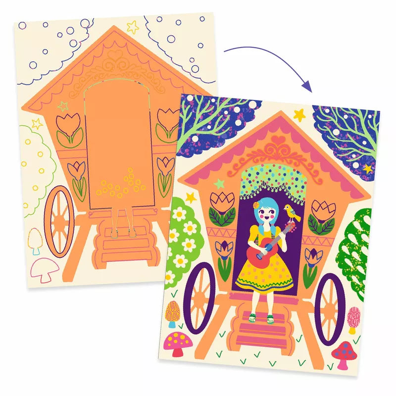 A Djeco Scratch Card Wacky houses picture and a picture of a girl.