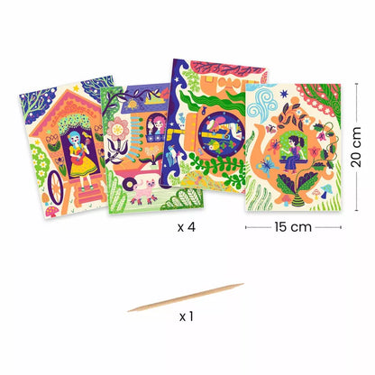 A drawing of a house with a clock on it becomes a Djeco Scratch Cards Wacky houses.
