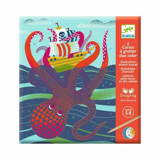 A Djeco Scratch Cards Topsy-turvy with an octopus and a boat.