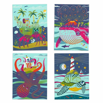Four different Djeco Scratch Cards Topsy-turvy of animals and a lighthouse.