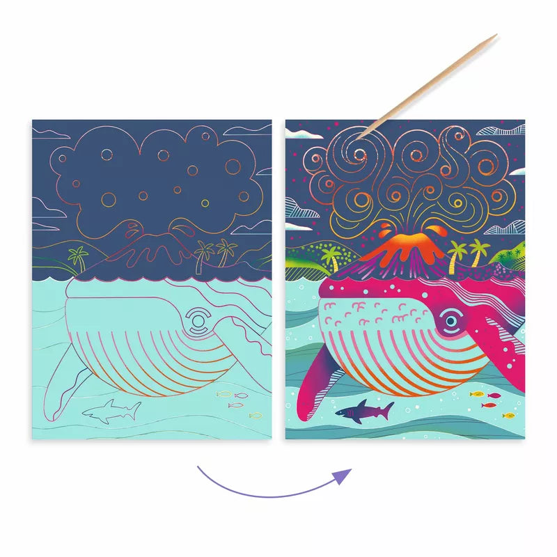 A drawing of a whale and a whale in the ocean using Djeco Scratch Cards Topsy-turvy.