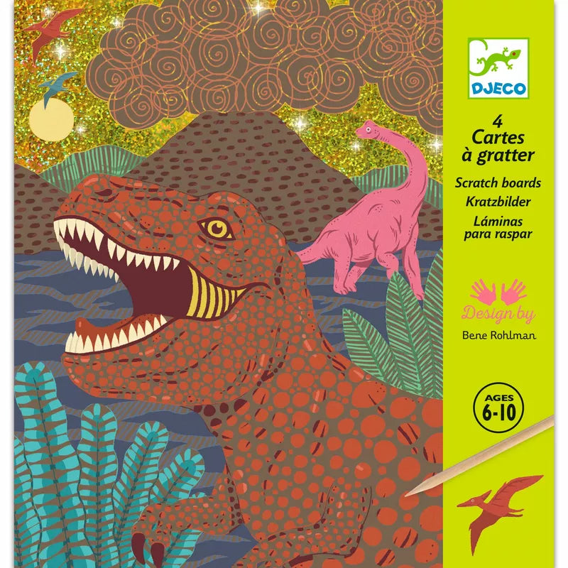 A Djeco Scratch Card set called "When Dinosaurs Reigned" with illustrations of ancient plants and prehistoric creatures for children to color.