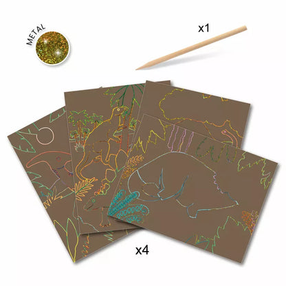 A set of Djeco Scratch Cards When dinosaurs reigned on brown paper with a pencil.