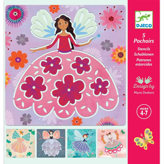 A picture of fairies in pink dresses with flowers using Djeco Stencils Fairies.