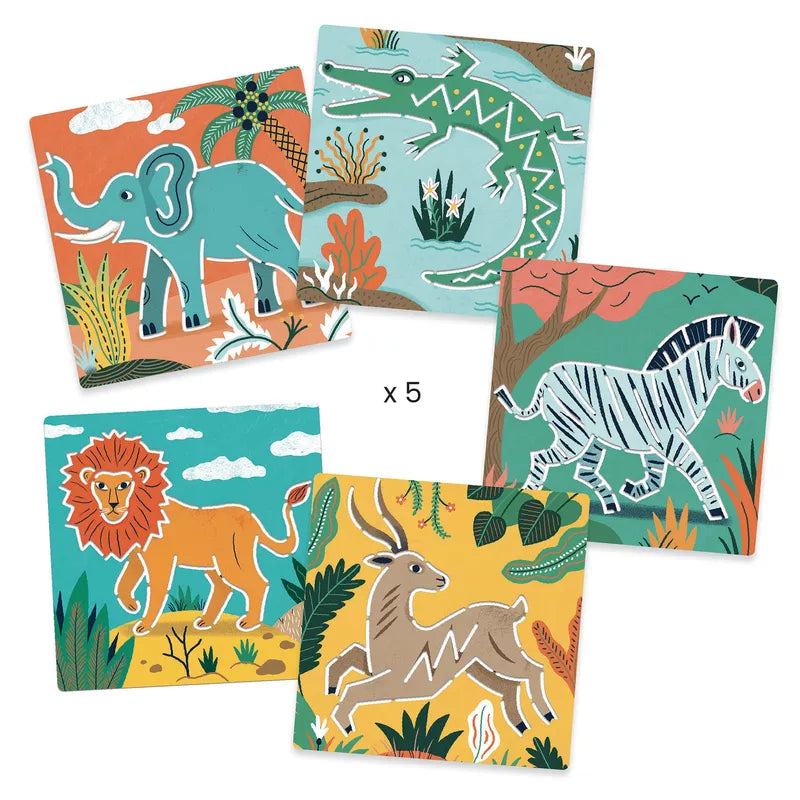 A group of four different colored Djeco Stencils Wild animals.
