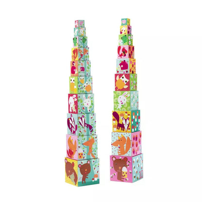 A couple of tall Djeco 10 Forest Blocks Stacking Blocks with animals on them.