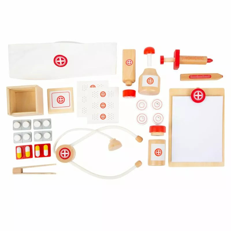 A Doctor's Kit Natural Wood with a stethoscope and medical accessories.