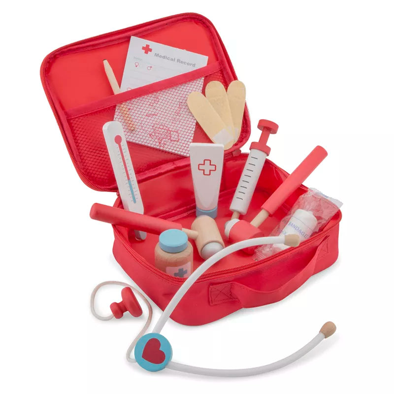 A New Classic Toys Doctor Set filled with medical supplies on a white background.