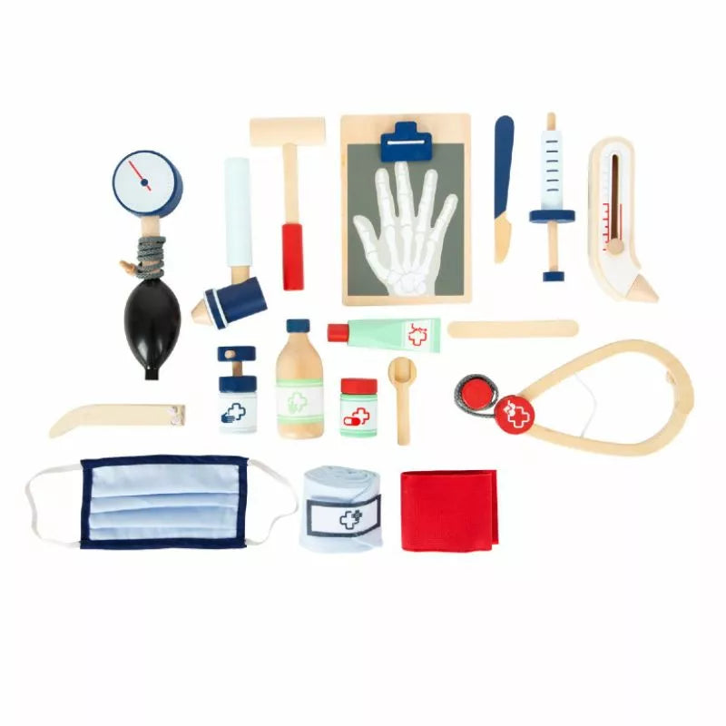 A Doctor's Bag is arranged on a white background along with a variety of other medical supplies.