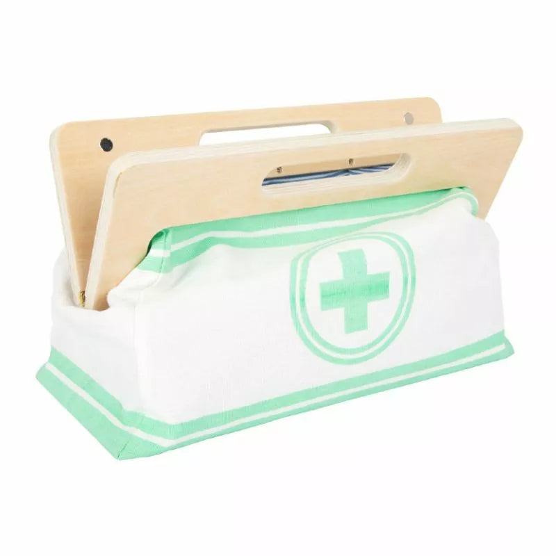A green and white Doctor's Bag with a wooden handle.