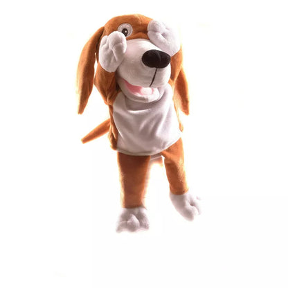 A Fiesta Crafts Dog Hand Puppet wearing a white shirt.