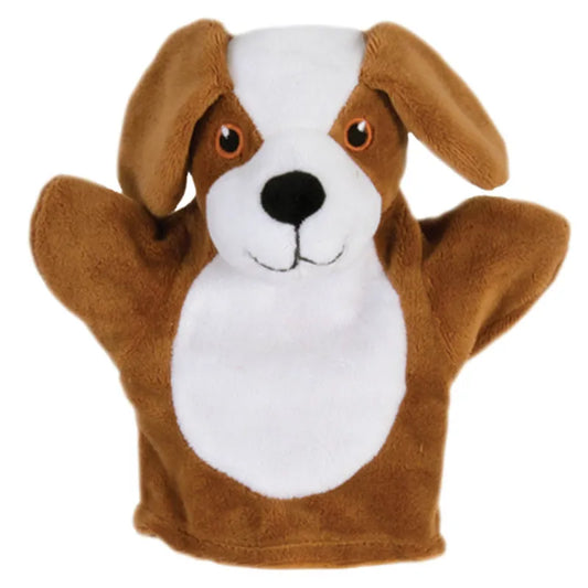 Introducing the Puppet Company My First Puppet Dog: a plush, brown and white dog with floppy ears and big eyes set against a white background. It's ideal for making story time engaging or delighting newborns through interactive hand play.