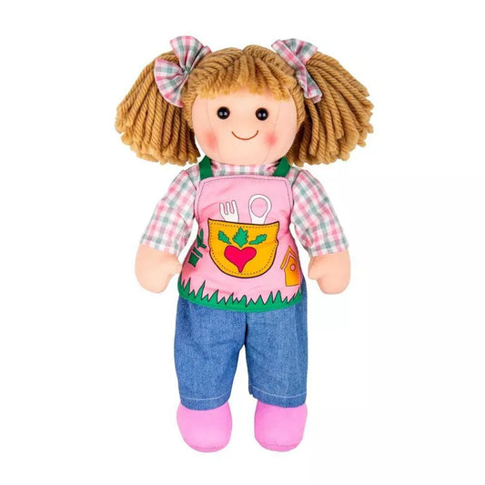 A Bigjigs Elsie Doll Medium with a pink shirt and blue overalls.