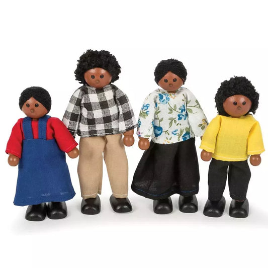 Four small, Multicultural Dolls – Black Family with round black hair and various outfits, standing upright on a white background, perfect for imaginative play.
