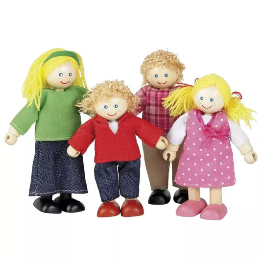 Four small poseable toy figures representing the Multicultural Dolls – White Family, each with unique hair colors and outfits, standing side by side on a white background.