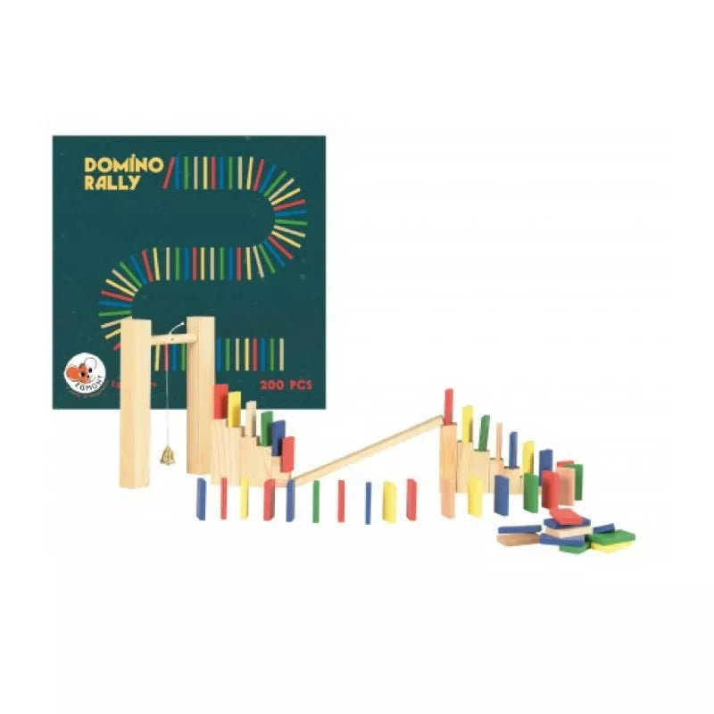 a wooden building set with colored sticks and a book.