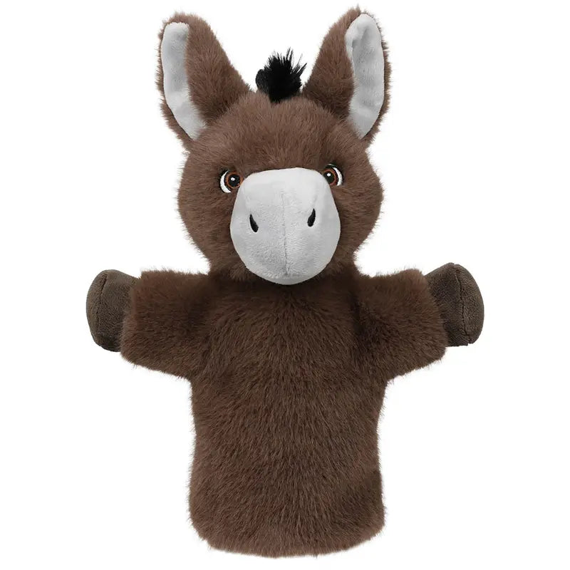 The ECO Puppet Buddies Donkey Hand Puppet is a brown donkey with a white snout, big eyes, gray inner ears, and black hair. Made from recycled materials, it's ideal for imaginative play and shown against a white background.