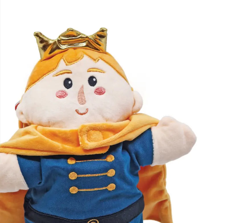 The Double-Face Hand Puppet Prince-Knight is a plush toy featuring a smiling prince with a gold crown, orange cape, and blue outfit with yellow buttons, perfect for creative play.