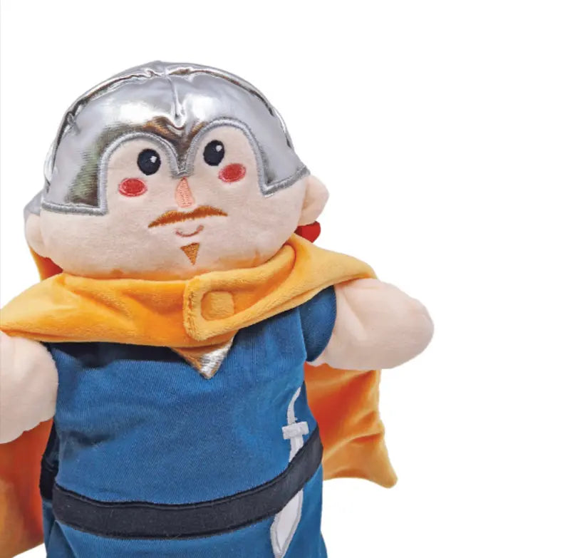 The Double-Face Hand Puppet Prince-Knight features a medieval knight with a silver helmet, yellow cape, blue outfit, and mustache—ideal for creative play—pictured against a white background.