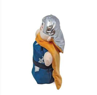 Double-Face Hand Puppet Prince-Knight wearing a silver helmet, blue outfit, orange cape, and black belt with a small sword, perfect for creative play and storytelling, shown standing upright against a plain white background.