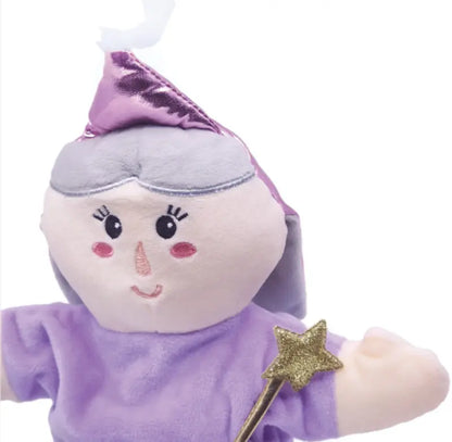 The Double-Face Hand Puppet Grandma-Fairy is a soft doll with gray hair, a purple hat and dress, holding a gold star wand. It has rosy cheeks, a small smile, embroidered eyes, and inspires creative play as both doll and puppet.