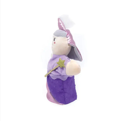 The Double-Face Hand Puppet Grandma-Fairy is a soft plush doll in a purple outfit and hat, holding a gold star wand, featuring pink and gray accents—ideal for creative play—displayed on a white background.