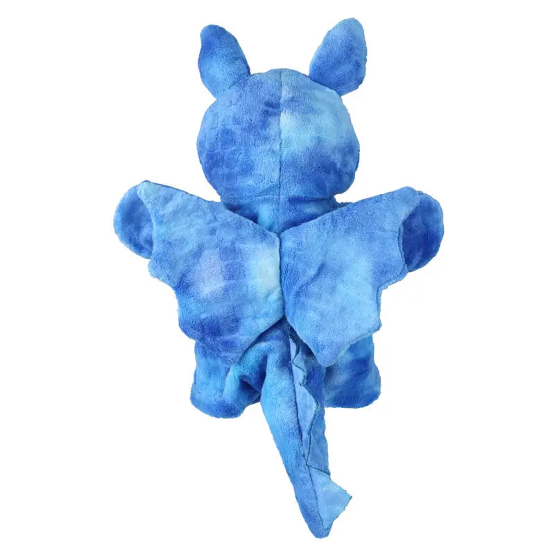 ECO Puppet Buddies Blue Dragon Hand Puppet, crafted from recycled materials, features soft blue fur, wings, and a tail—ideal for imaginative play. The plush toy is shown from the back against a white background.
