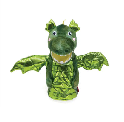 The Hand Puppet Dragon features shiny wings, round eyes, small yellow horns, and pink cheeks. Ideal for imaginative play or storytelling, this green dragon puppet is shown against a plain white background.