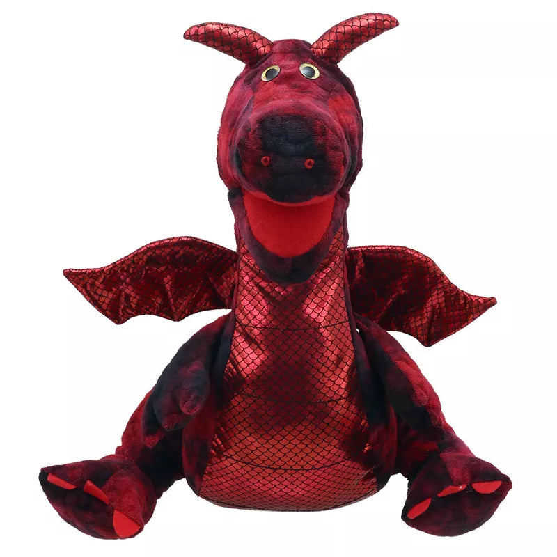 The Enchanted Red Dragon Hand Puppet sits on a white background, ready for storytelling and language development.