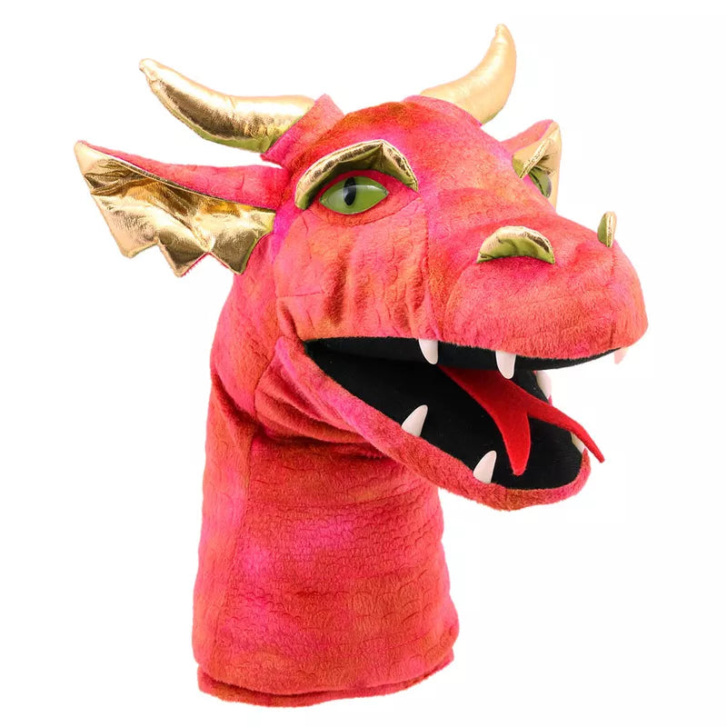 A pink dragon puppet with gold eyes and horns, resembling the Large Dragon Head Red Hand Puppet.