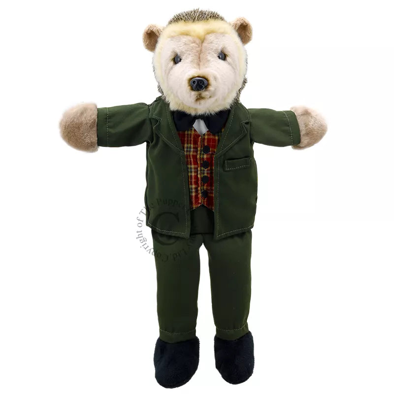 This Animal Puppet Hedgehog is a full bodied hand puppet with smart looking clothes .This hedgehog wears a green suit